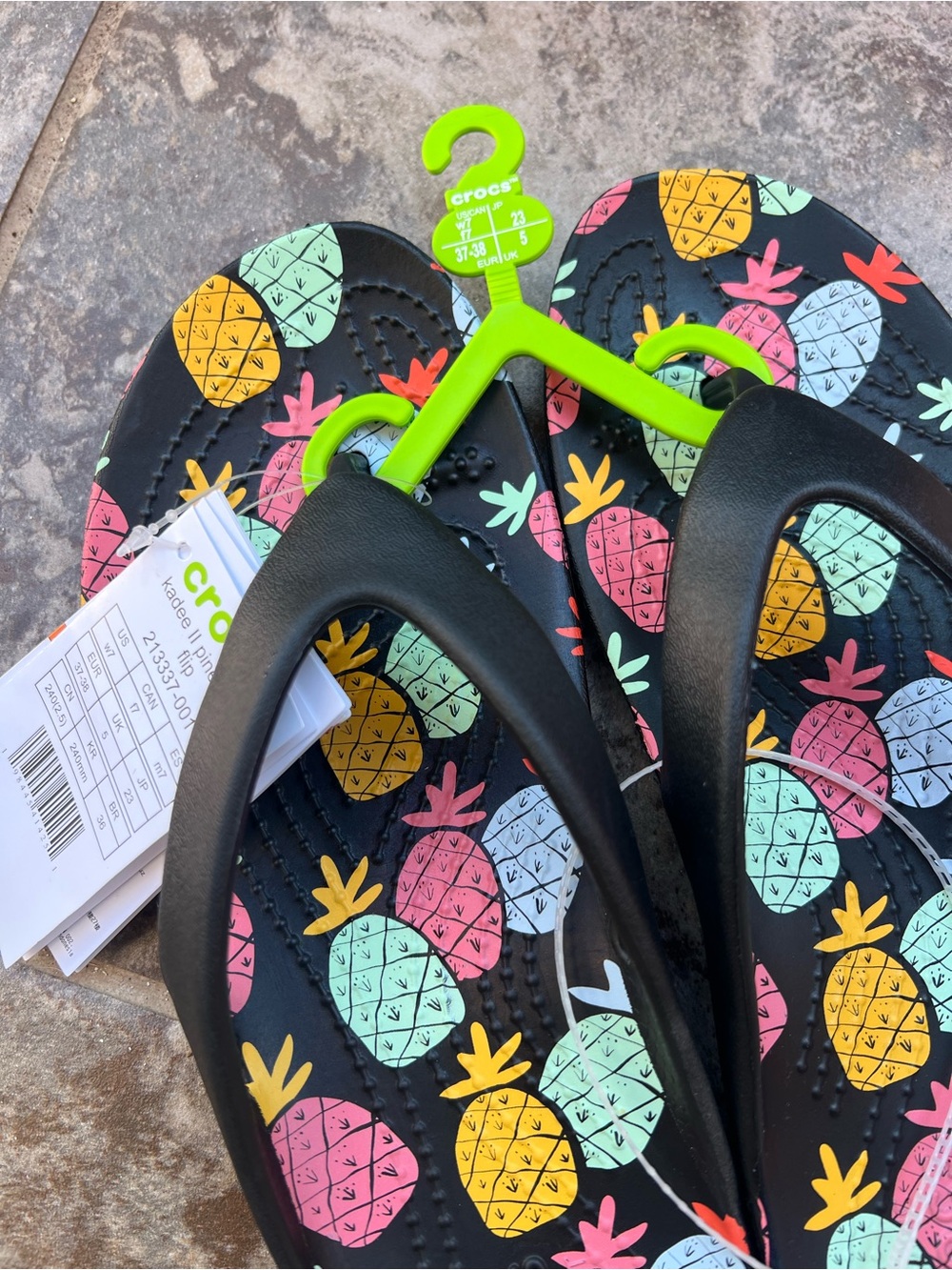 CROCS Pineapple Print Flip Flops - Black with Yellow, Pink, Mint, Coral